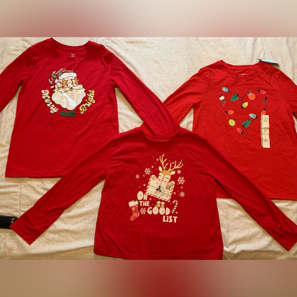 Lot of 3 girls Christmas long sleeved tees red size 10-12